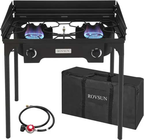 Miniatura 9 de ROVSUN Estufa de Gas Propano Portátil para Exteriores con 2/3 Quemadores, Cocina de Alta Presión con Soporte para Cocinar en el Patio, Acampar