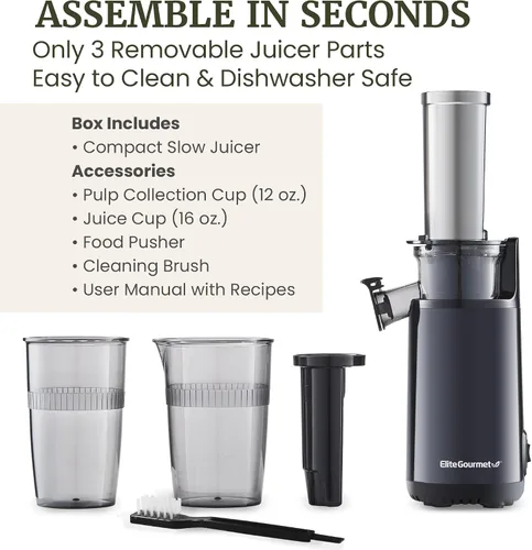 Miniatura 6 de Elite Gourmet EJX600 Exprimidor de zumo masticante compacto para espacios pequeños, exprimidor de prensa fría de zumo, rico en nutrientes
