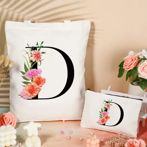 Miniatura 3 de Bolsa de lona con letra inicial personalizada, regalo para el día de la madre, damas de honor, novia, cumpleaños, boda Flower-D