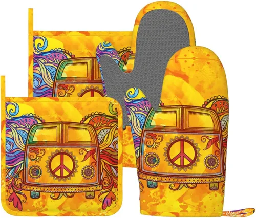 Miniatura 11 de Juego de 4 manoplas de horno y agarraderas de silicona resistentes al calor de los años 70, guantes antideslizantes para cocina, decoración