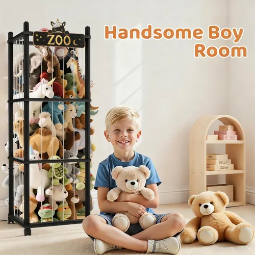 Miniatura 3 de Torre del zoológico de almacenamiento de animales de peluche, organizador grande de madera de 56 pulgadas con ruedas, almacenamiento de peluches