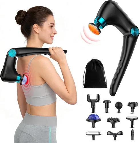 Pistola de masaje plegable con terapia de calor y frío, masajeador de espalda y tejido profundo con 10 cabezales, 9 velocidades, masajeador de