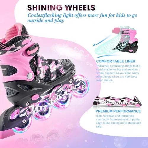 Miniatura 3 de Kuxuan Patines en línea ajustables para niños con ruedas iluminadas, divertidos patines iluminadores para niños, niñas y jóvenes Rosa