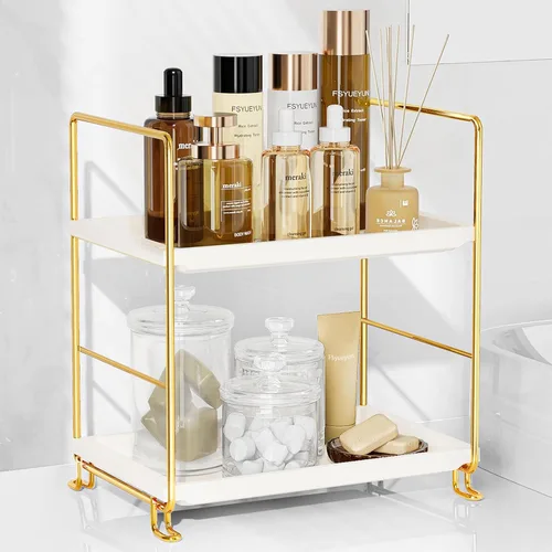 FSyueyun Organizador de Encimera de Baño de 2 Niveles, Instalación Sin Herramientas, Organizador de Estante de Maquillaje de Plásticos Premium,