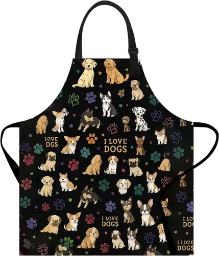 Miniatura 13 de Delantal divertido con bolsillo para mujeres y hombres, delantal de cocina ajustable para barbacoa y horneado con lindos animales y flores