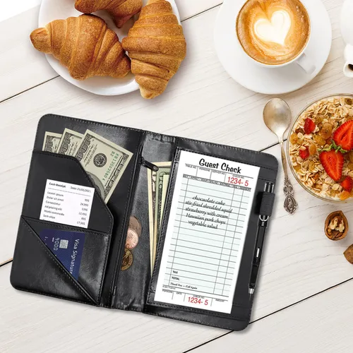 Miniatura 7 de Libreta de pedidos para camarera, cartera de cuero con bolsillo con cremallera oculta, soporte para bolígrafos, lindo organizador para camarera