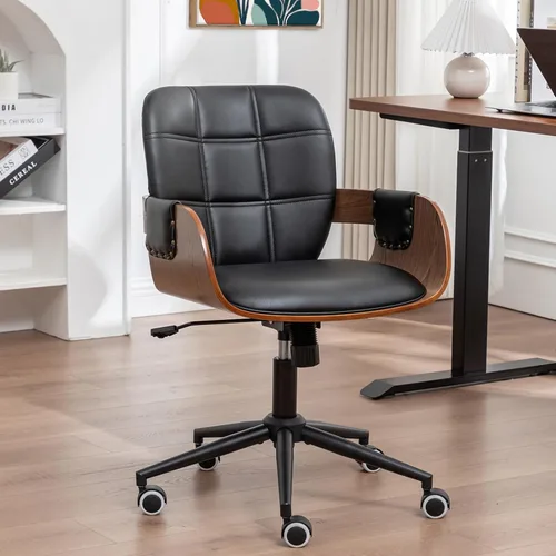 Silla de escritorio de oficina en casa con ruedas giratorias, artesanía de nogal, respaldo y brazos curvos ergonómicos, piel sintética, altura Nogal