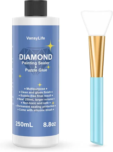 VansyLife Sellador de pintura de diamantes actualizado de 8.5 fl oz con cepillo de silicona, accesorios de pegamento para pintura de diamante 5D,