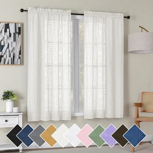Miniatura 85 de Simplebrand Cortinas traslúcidas negras de cocina de 24 pulgadas de largo, 2 paneles, filtrado de luz, geométrico jacquard con textura, cortinas
