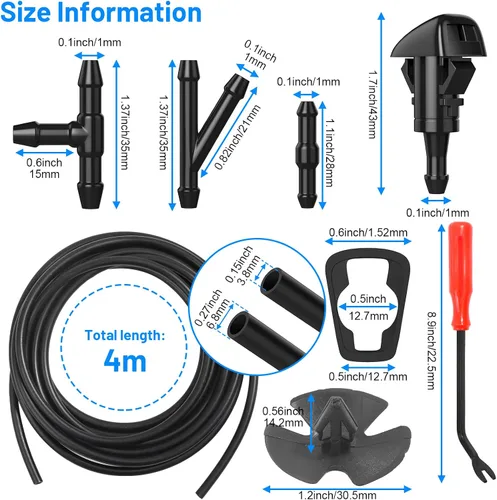Miniatura 2 de Kit de boquillas para limpiaparabrisas 52 en 1, repuesto para Chrysler, Dodge, Jeep, Ram - 4 boquillas rociadoras, manguera de fluido de 157