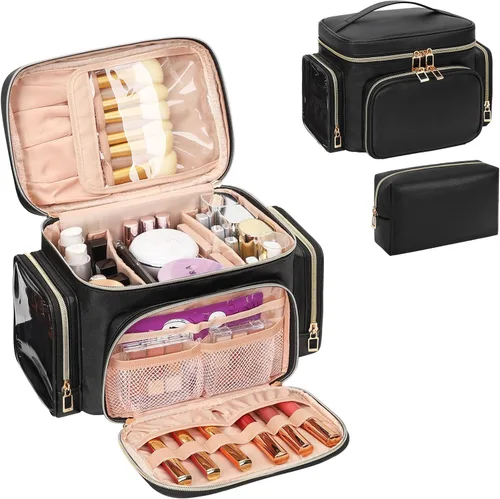 Miniatura 11 de Bagmoly Bolsa de maquillaje grande, organizador portátil de maquillaje para mujeres y niñas con compartimento para brochas de maquillaje y dos
