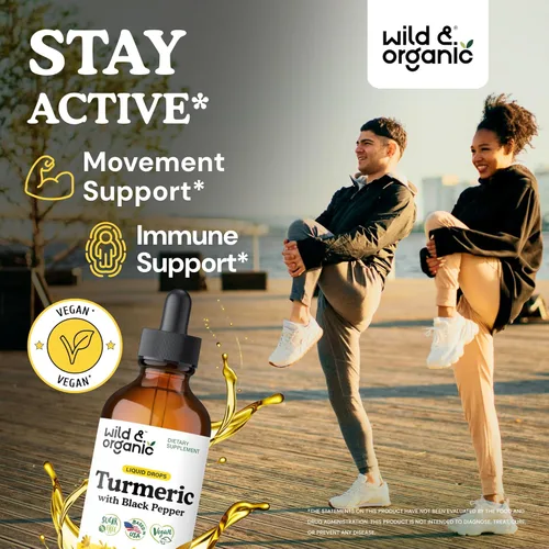 Miniatura 2 de Wild & Organic Suplemento de cúrcuma gotas líquidas - Movimiento y apoyo inmunológico - Cúrcuma líquida con extracto de pimienta negra - Añadir a