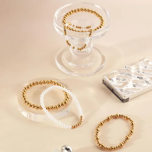 Miniatura 5 de KIWISE Pulseras de cuentas de oro para mujer, chapado en oro de 18 quilates, apilables, elásticas, juego de pulseras de bolas de cuentas, regalos