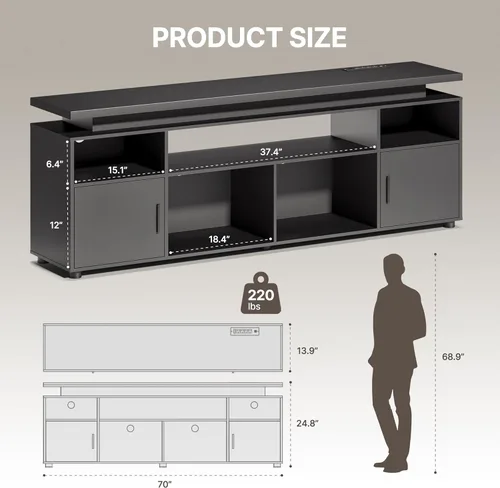 Miniatura 8 de SUNCOZE Soporte de TV, centro de entretenimiento con luces LED y gabinete para TV de 70/75/80 pulgadas, consola de TV moderna para juegos y medios