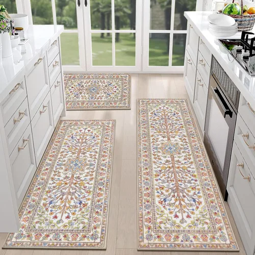 Miniatura 26 de HEBE - Juego de 3 alfombras de cocina de granja, antideslizantes, lavables, tapetes de cocina bohemios para suelo, alfombra de cocina, alfombra
