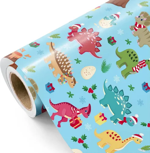 Miniatura 17 de WRAPAHOLIC - Rollo de papel de regalo de dinosaurio - Rollo mini - 17 pulgadas x 33 pies - Papel de regalo de dinosaurio verde, perfecto