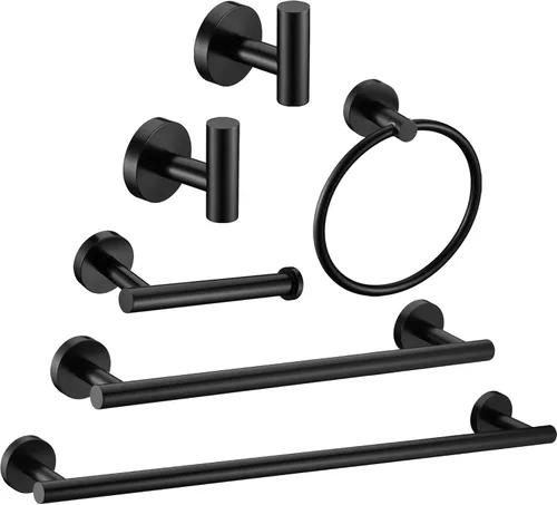 Juego de 6 piezas de accesorios de ferretería de baño negro mate, anillo para toalla de mano, barra redonda para toallas de 16 y 23.6 pulgadas,