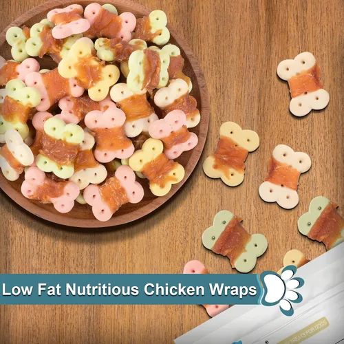 Miniatura 5 de Golosinas envueltas en pollo para perros, masticables sin cuero crudo, 8 onzas 30% real poultry; 60% baked core; 15% protein; easily digestible