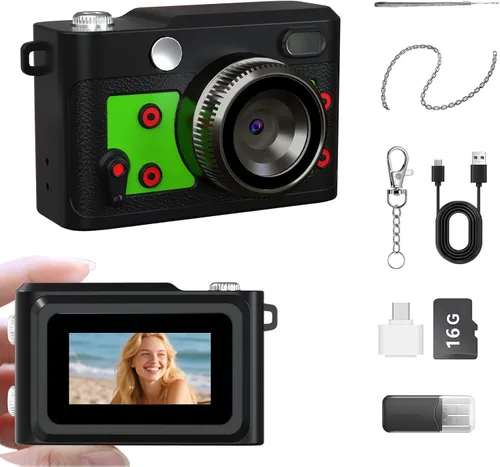 Mini cámara retro con llavero – Cámara digital pequeña FHD de 1080P con lente de 2 MP, pantalla de 0.96 pulgadas y adaptador OTG con tarjeta de 16