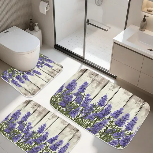 Miniatura 10 de TheBlackSpot Juego de 3 alfombras de baño rústicas de primavera de granja, diseño botánico de pájaros, tapete de baño de espuma viscoelástica