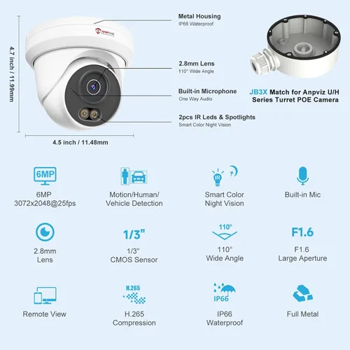 Miniatura 9 de Anpviz Cámara IP PoE de 6 MP, cámara IP de seguridad de torreta de metal completo 3K para exteriores e interiores, visión nocturna inteligente