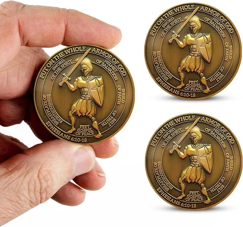 Miniatura 10 de 1 moneda de desafío de armadura de Dios, versículo bíblico de Efesios 6:10, moneda de desafío cristiano chapada en oro antiguo de 1.75 pulgadas