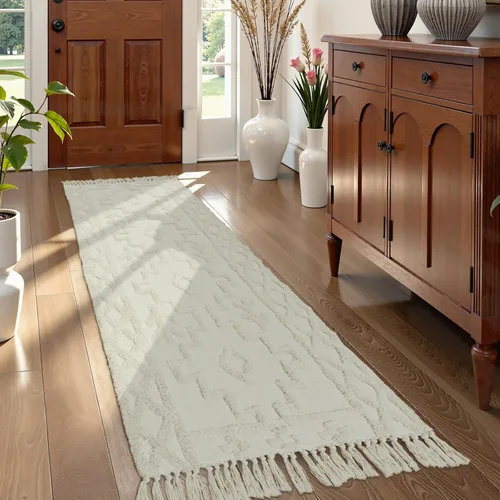 Miniatura 20 de Uphome Alfombra bohemia para pasillo de 2 x 6 pies, color beige, de algodón, lavable, con borlas, tejida a mano, alfombra de pasillo occidental