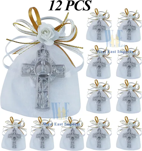 Miniatura 2 de WE Llavero de primera comunión para niño (12 piezas) llavero con bolsas de organza decoradas Recuerdos de Primera Comunión Oro