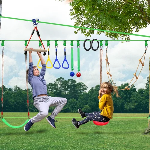 Miniatura 9 de Ninja Warrior - Carrera de obstáculos para patio trasero de niños, kit de línea floja de 65 pies con 13 obstáculos, hebillas de instalación rápida