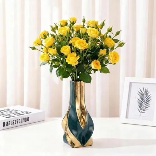Miniatura 4 de Jarrón de cerámica verde y dorado de 10.6 pulgadas, moderno jarrón de flores geométrico para centro de mesa de comedor, elegante jarrón decorativo