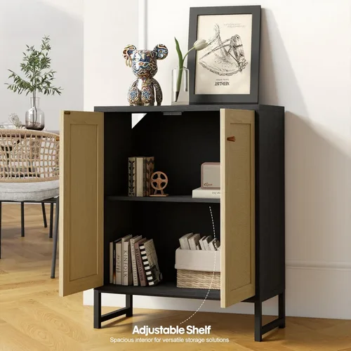 Miniatura 4 de Panana Gabinete de almacenamiento de ratán decorado con 2 puertas, gabinete de acento para sala de estar, armario de cocina, aparador de buffet Negro
