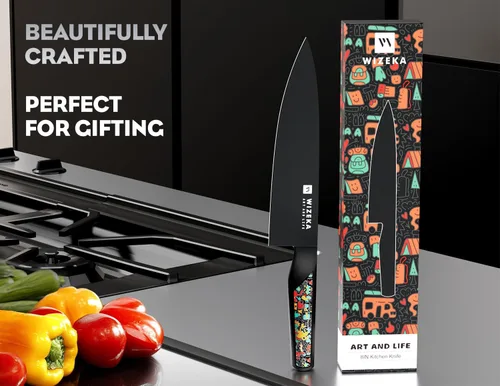 Miniatura 6 de WIZEKA Cuchillo de cocinero: 8 pulgadas: Cuchillo de cocina extremadamente afilado: acero inoxidable de alto carbono de espiga completa: cuchillo