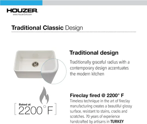Miniatura 6 de Houzer Platus Fireclay Series Farmhouse - Fregadero de cocina de 24 pulgadas con un solo tazón, duradero, resistente a las astillas y a las grietas