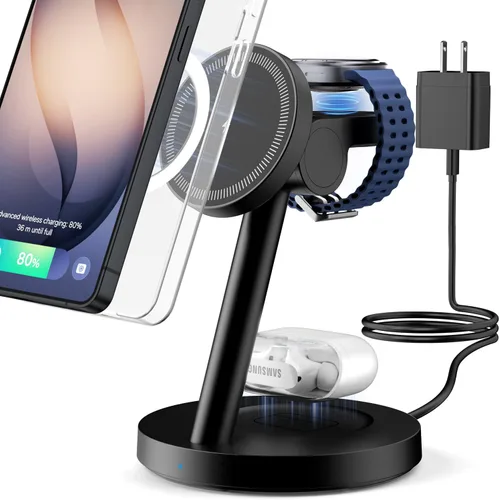 KPON Estación de carga 3 en 1 para Samsung, soporte de cargador inalámbrico magnético para MagSafe para Samsung Galaxy S26 Ultra/S25/Z Fold7/Flip7,