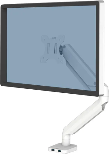 Fellowes Platinum Series - Brazo de monitor único para monitores de 40 pulgadas, movimiento completo, rotación de 360°, montaje VESA con ojal o