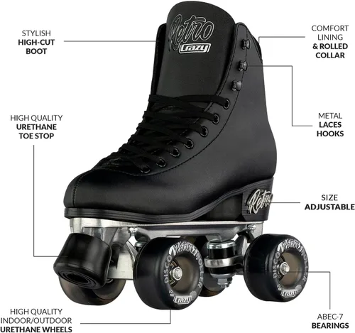 Miniatura 2 de Crazy Skates Retro Roller Skates Adjustable or Fixed Sizes Classic Quad Skates for Men, Women and Girls Negro (ajustable)