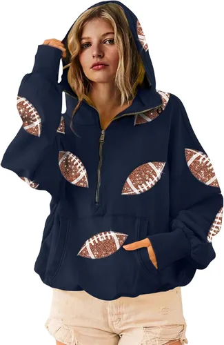 Miniatura 6 de SeekMe Sudaderas con capucha de lentejuelas para mujer, para el día del partido, suéteres de manga larga con cremallera y bolsillo