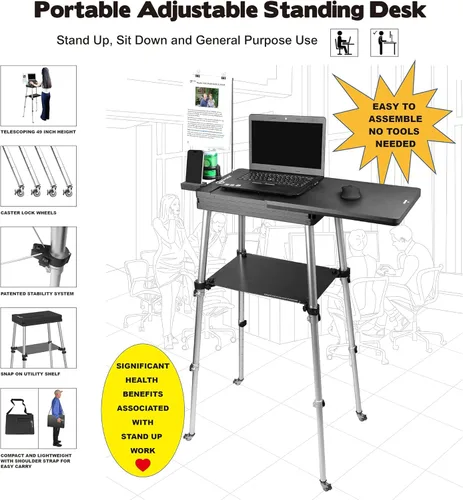 Miniatura 5 de Tabletote Soporte móvil plegable portátil para computadora portátil, altura ajustable de 19 a 49 pulgadas, estación de trabajo con ruedas, diseño