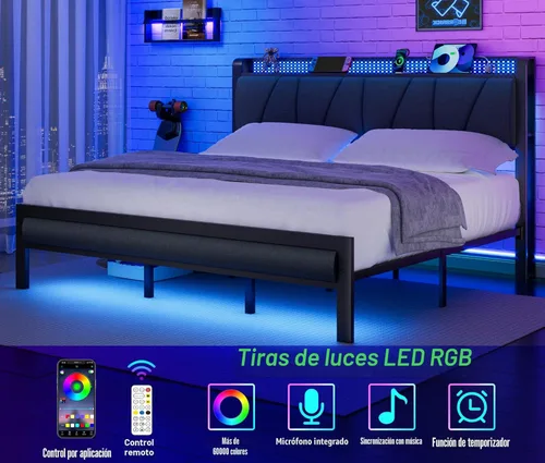 Miniatura 5 de Furnulem Marco de Cama King con Cabecero y Luz LED, Plataforma Tapizada con Toma de Corriente y Puerto USB, Cama Tamaño King con Soporte de Metal