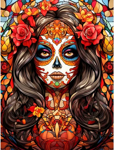 Miniatura 17 de Pintura de diamantes de calavera de azúcar 5D, kit de numeración de maquillaje de esqueleto de moda, arte de pared de rosa roja, arte de pared