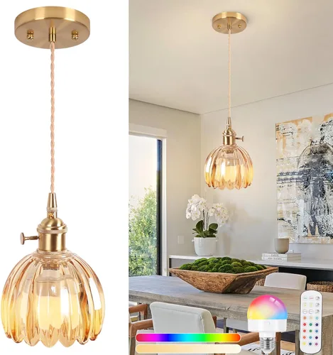 Miniatura 23 de Luces Colgantes para Isla de Cocina, Luz Colgante de Cristal Verde Accesorios de Iluminación Vintage, 9.4 pulgadas E26 Acabado Lámpara Colgante