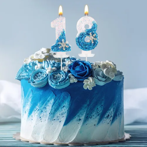 Miniatura 6 de Velas de cumpleaños del 0 al 9, velas de números con purpurina de copo de nieve, decoración de pasteles blancos y azules para niños y adultos
