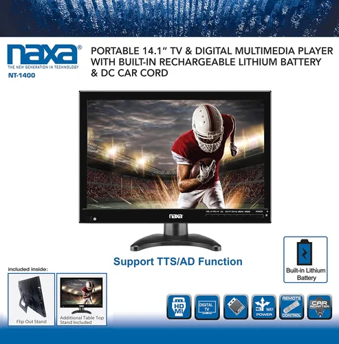 Miniatura 6 de Naxa NT-1400 Televisor portátil de 14.1 pulgadas y reproductor multimedia digital con sintonizador ATSC integrado para TV HD sobre el aire, soporte