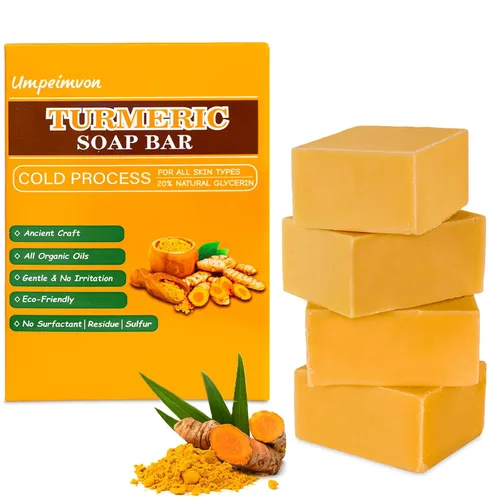 Miniatura 9 de Paquete de 3 barras de jabón de cúrcuma para limpiador facial y corporal, jabón de cúrcuma orgánico, piel suave e hidratante, jabón tumérico