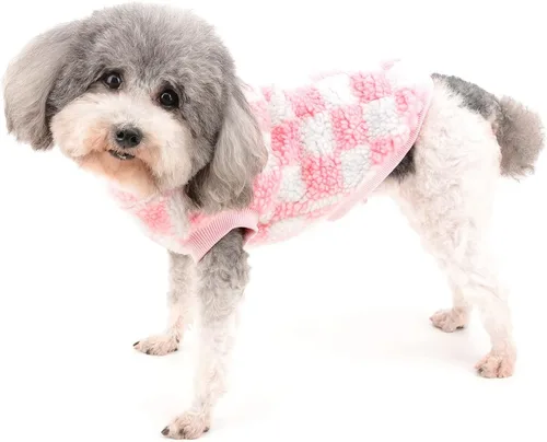 Miniatura 2 de Zunea Abrigo mullido para perros pequeños, hembras y niños, chaqueta de invierno de forro polar cálido, abrigo a cuadros, ropa mullida para Rosado