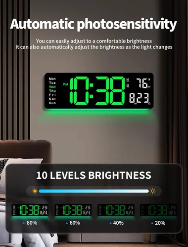 Miniatura 4 de MASHI Reloj de pared digital, reloj digital de pantalla grande de 16 pulgadas con control remoto, reloj de pared con atenuación automática con luz
