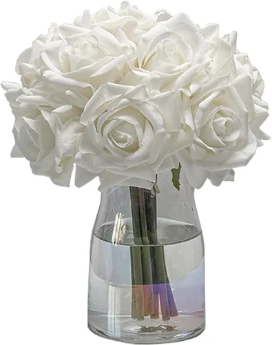 Miniatura 7 de DUYONE Rosas artificiales de un solo tallo 10 piezas de arreglo floral de seda falsa, toque real para decoración del hogar, fiesta, boda (blanco)