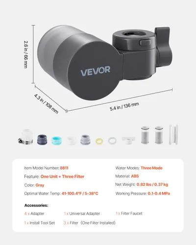 Miniatura 7 de VEVOR Filtro de agua de montaje en grifo, purificador de agua horizontal para grifo de fregadero, filtro de fibra de carbono certificado NSF, Gris