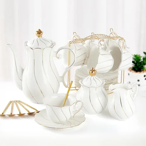 DUJUST Juego de té de porcelana blanca de 22 piezas para 6, juego de tazas de té y café de lujo estilo británico con ribete dorado, hermoso juego de