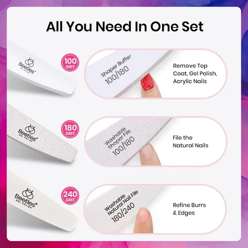 Miniatura 3 de Beetles Pro 3 piezas de lima de uñas y almohadilla de uñas - Limas y almohadillas de uñas profesionales de grano 100/180/240 de doble cara lavables